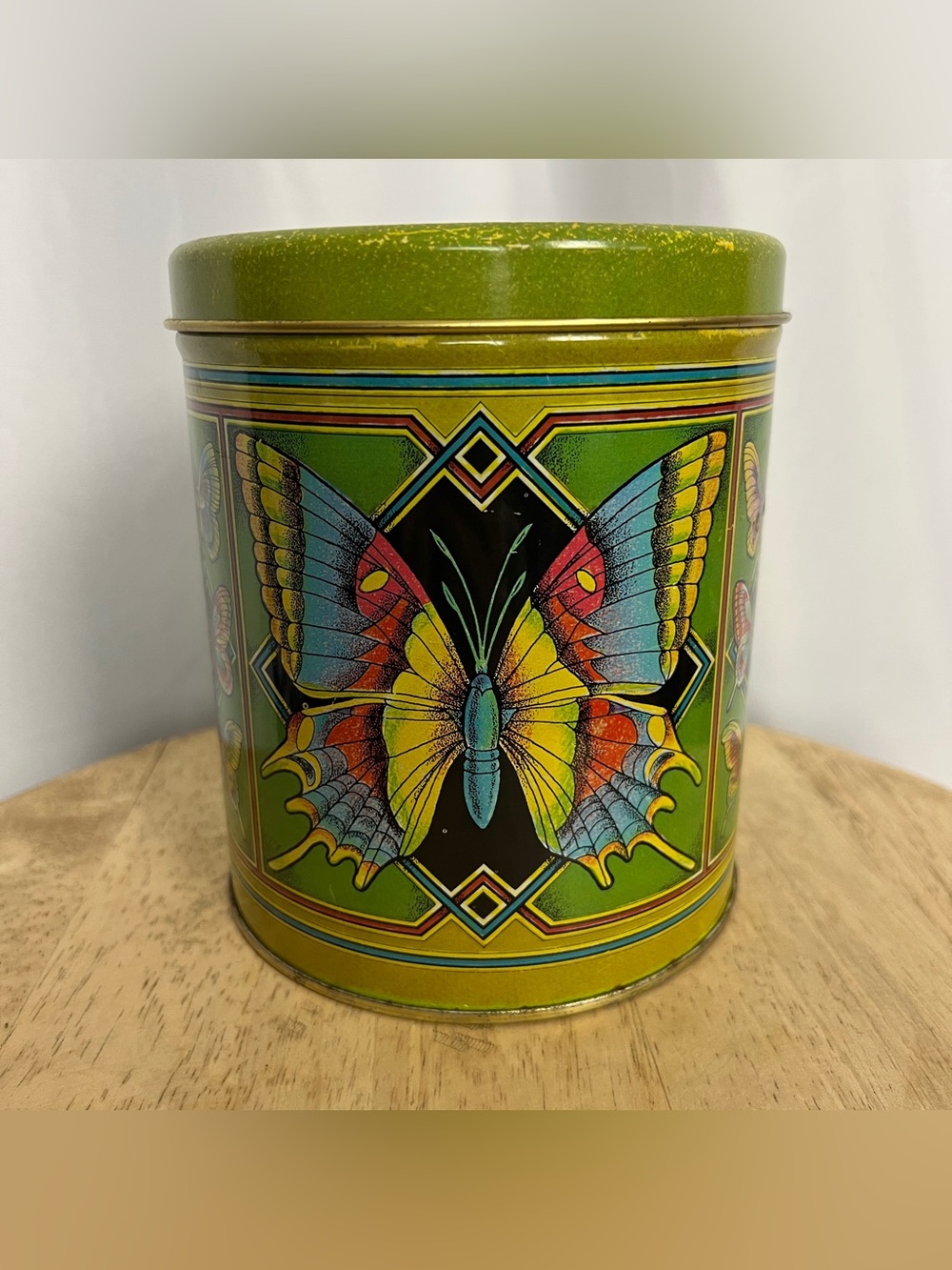 Rare Vintage 70s Olive Green Butterfly Metal Tin Canister